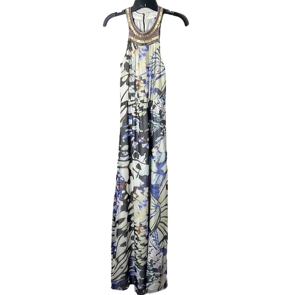 Charlie Jade Embellished MultiColor Abstract Print Silk Maxi Dress sz M - Picture 1 of 9